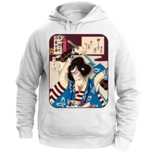Felpa con Cappuccio "Kunichika Samurai"  Capolavoro di Arte Giapponese Ukiyo-e! Edizione Limitata Bianca